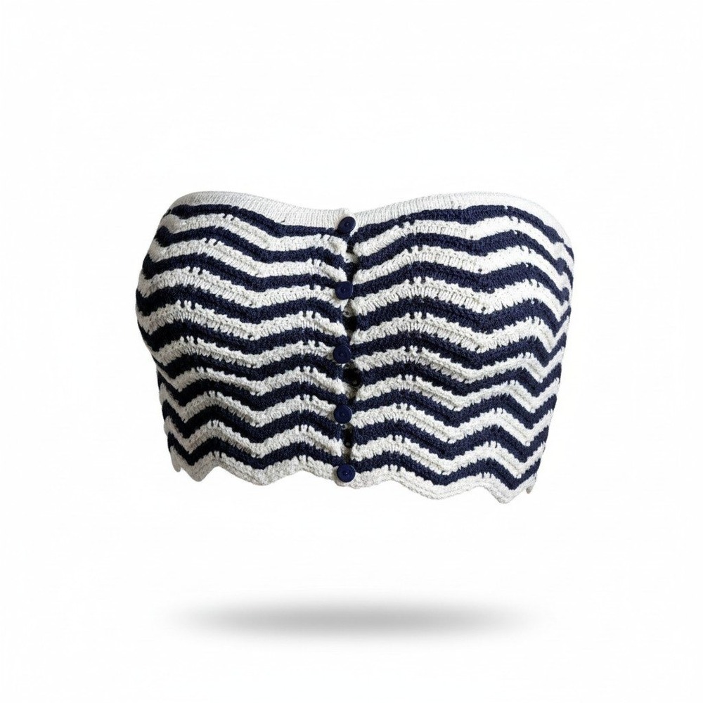 4th & Reckless Womens Navy Blue Cream Chevron Crochet Knit Button Bandeau Top M